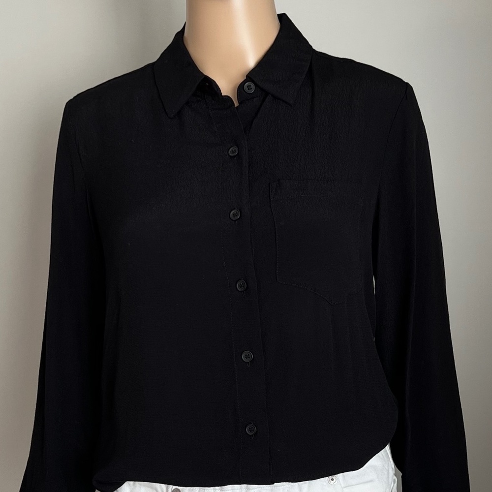 Lord & Taylor Long Sleeve Button Down Pocket Viscose Shirt Black Petite Small - Picture 4 of 15
